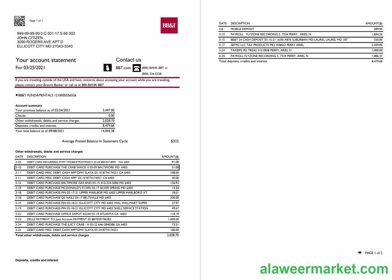 USA North Carolina BB&T Corp. bank statement template in Excel and PDF format (2 pages)